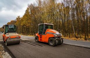 Large view on the road rollers working on the new road construction site. Selective focus on road repairing, Closeup photo