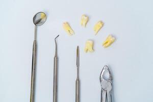 Dental set, mirror, probe, with tooth, concept care isolated on white background. photo