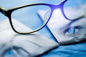 Modern fashionable spectacles isolated on brochure background. Perfect reflection. Glasses closeup photo