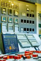 Control panel of the nuclear power plant. Close up photo