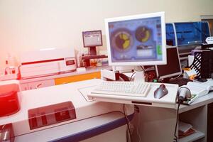 New medical analyzing laboratory in hospital. Coronavirus diagnostic equipment. photo