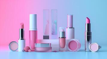 AI generated Lipstick and cosmetic set on colorful background. 3d rendering photo