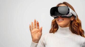 ai generado contento joven mujer vistiendo virtual realidad gafas de protección en blanco antecedentes. futuro tecnología concepto. foto