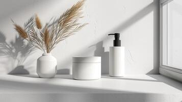 AI generated 3d render of white cosmetic containers and pampas grass on white background, mockup photo