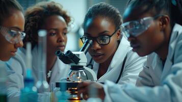 ai generado grupo de africano americano científicos trabajando con microscopio en laboratorio. foto