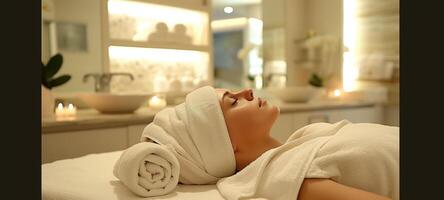AI generated Relaxed young woman with towel on head lying in spa salon photo