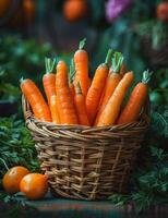 AI generated Fresh organic carrots in basket. photo