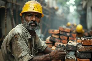 AI generated Worker sits in front of pile of bricks. photo