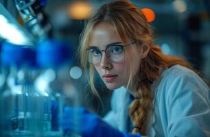 AI generated Young attractive female scientist and her assistant working with blue liquid in test tube in laboratory photo