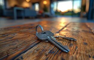 AI generated House keys on wooden floor in the evening sun photo