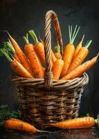 ai generado Fresco zanahorias en cesta en oscuro antecedentes. foto