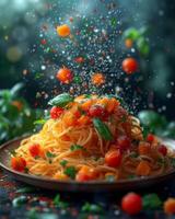 AI generated Spaghetti with tomatoes and fresh basil flying in the air photo