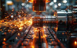 AI generated CNC Laser plasma cutting of metal modern industrial technology. Small depth of field. Warning - authentic shooting in challenging conditions. little bit grain and maybe blurred. photo