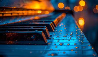 AI generated Piano keys on dark background and colorful lights photo