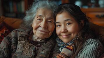 ai generado retrato de un linda pequeño niña y su abuela a hogar. foto