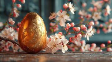 AI generated Golden Easter egg with spring blossom on dark background, closeup photo