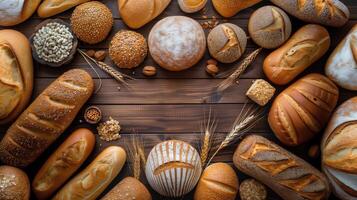 AI generated Assortment of baked bread on wooden table. Top view with copy space photo