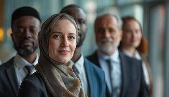 ai generado retrato de confidente mujer de negocios en hijab en pie con colegas en antecedentes foto