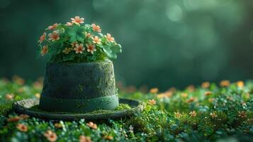 ai generado S t. patrick's día antecedentes con verde césped, flores y sombrero foto