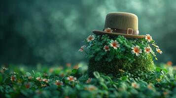 ai generado 3d representación de un verde duende sombrero en pie en parte superior de un flor maceta foto