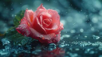 AI generated Beautiful red rose with drops of water on a dark background. photo