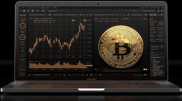 AI generated Bitcoin on the background of the monitor of the laptop. Vector illustration photo