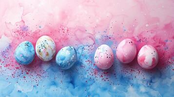 AI generated Easter eggs painted in pastel colors on abstract watercolor background photo
