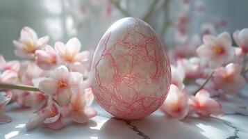 ai generado Pascua de Resurrección huevo y rosado sakura flores en blanco mármol antecedentes foto