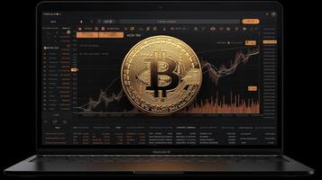 AI generated Bitcoin on the background of the monitor of the laptop. Vector illustration photo