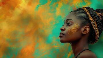 ai generado retrato de hermosa africano americano mujer con creativo hacer arriba. negro historia mes concepto. foto