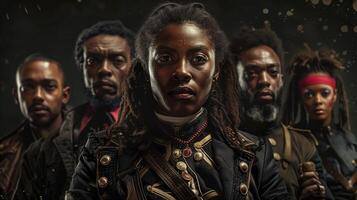 ai generado retrato de un grupo de africano americano Steampunk soldados negro historia mes concepto. foto