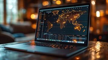 AI generated Laptop with the world map on the screen. Business concept. photo