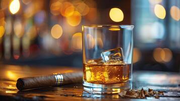 AI generated Glass of whiskey with ice cubes and cuban cigar on a wooden table photo