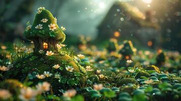 ai generado pequeño verde hada duende casa en verde musgo con bokeh luces. S t. patrick's día foto