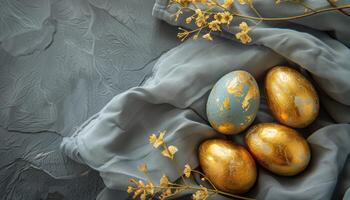 AI generated Golden easter eggs on blue silk background. Happy easter concept. photo