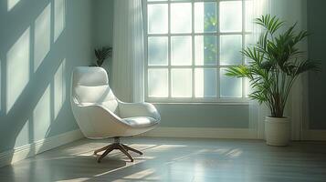 AI generated modern white armchair in empty room with big window, minimalism photo