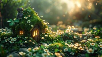 ai generado pequeño verde hada duende casa en verde musgo con bokeh luces. S t. patrick's día foto