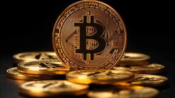 AI generated Bitcoin coins on a dark background. Bitcoin is a modern way of exchange and this crypto currency is a convenient means of payment in the financial photo