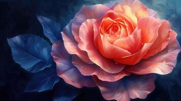 ai generado hermosa rosado Rosa en un oscuro azul antecedentes. 3d representación, macro foto