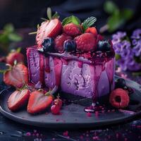 AI generated Piece of raspberry and blueberry cheesecake with fresh berries, square photo