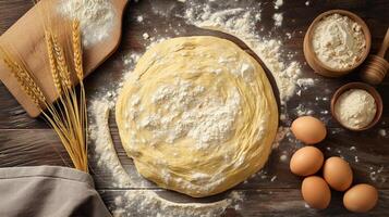 AI generated Flour, eggs and wheat ears on wooden table, top view photo