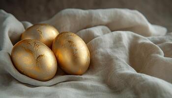 AI generated Golden Easter eggs on a white linen background. Happy Easter. photo