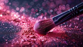 ai generado maquillaje cepillo con rosado sombra paleta en brillante Brillantina antecedentes foto