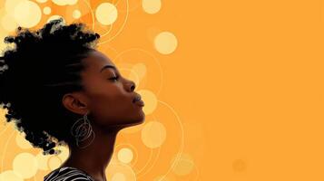 ai generado perfil de un hermosa africano americano mujer con Rizado pelo en un naranja antecedentes. negro historia mes concepto. foto