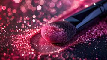 ai generado maquillaje cepillo con rosado sombra paleta en brillante Brillantina antecedentes foto