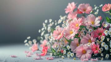 ai generado ramo de flores de rosado flores en un gris antecedentes con Copiar espacio foto