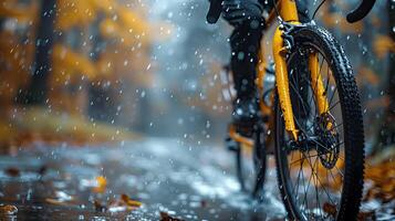 ai generado ciclista en el lluvia en un bicicleta en el otoño bosque foto