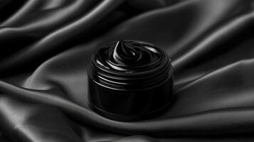 AI generated Black cosmetic jar with moisturizing cream on black satin background. photo