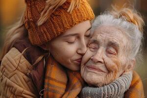 ai generado retrato de un linda pequeño niña besos su abuela en el mejilla. de la madre día foto