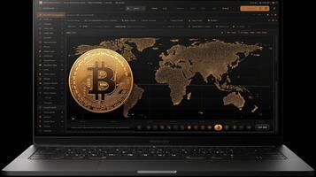 AI generated Bitcoin on the background of the monitor of the laptop. Vector illustration photo